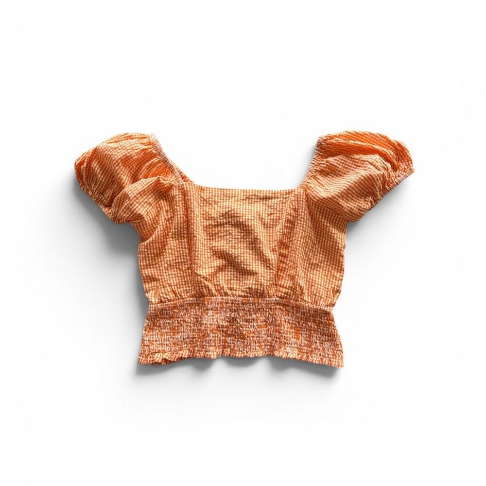 Sim & Sam Orange Plaid Off The Shoulder Crop Top Ruffle Baby Doll Sleeves Size L